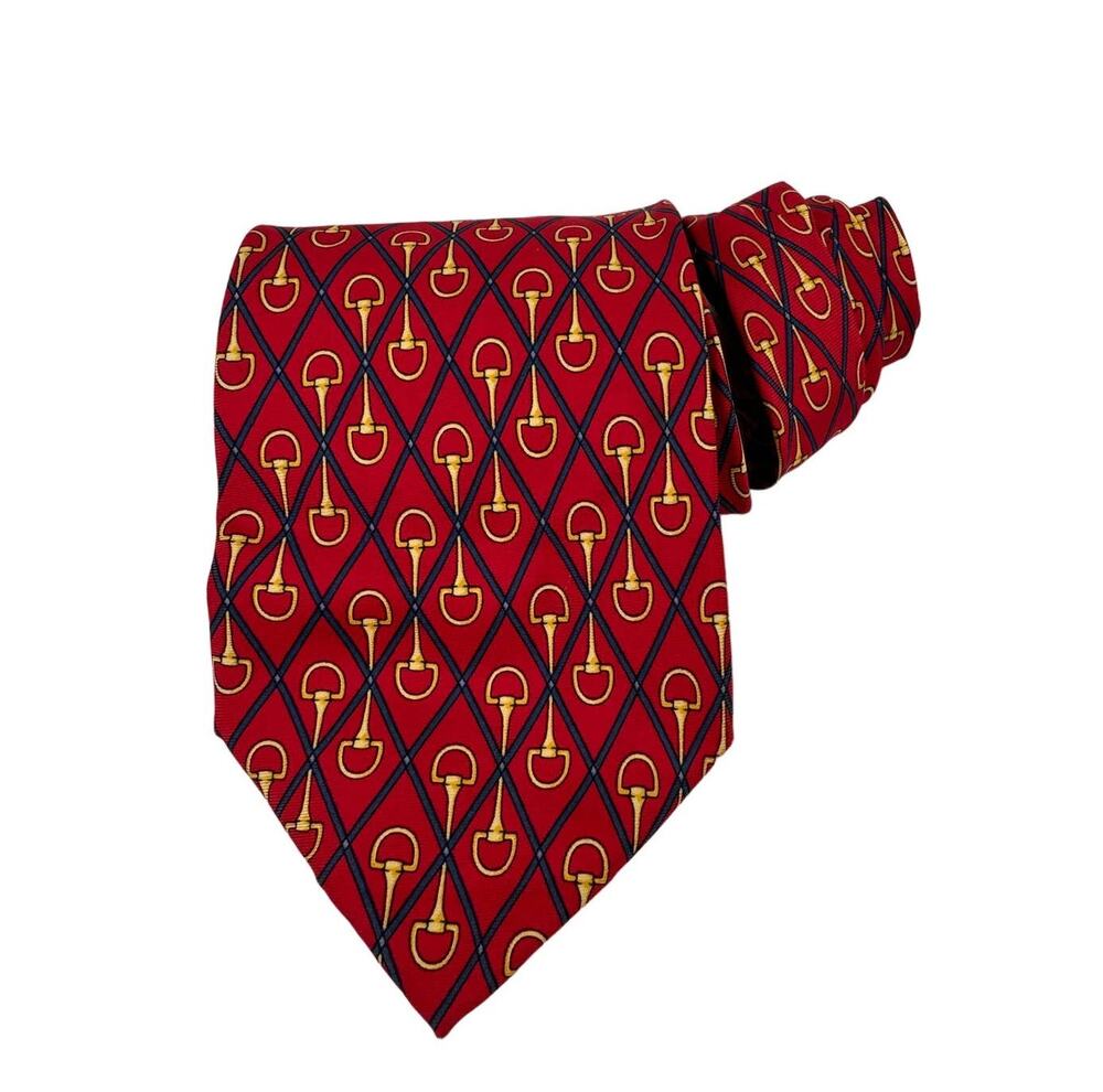 Vintage Paolo GUCCI Red Gold Horsebit Diamond Print Business Work Career Tie